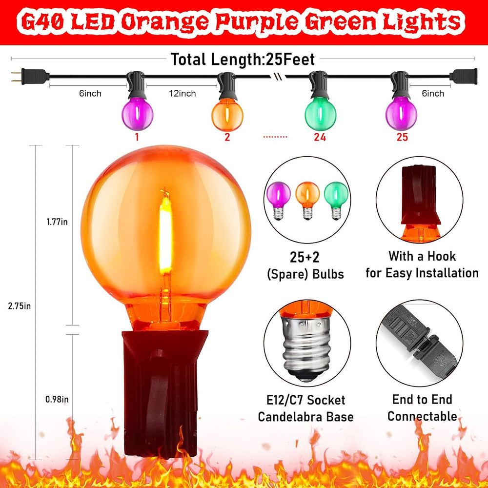 SUNSGNE 25FT Globe Outdoor Halloween String Lights G40 LED String Lights with...