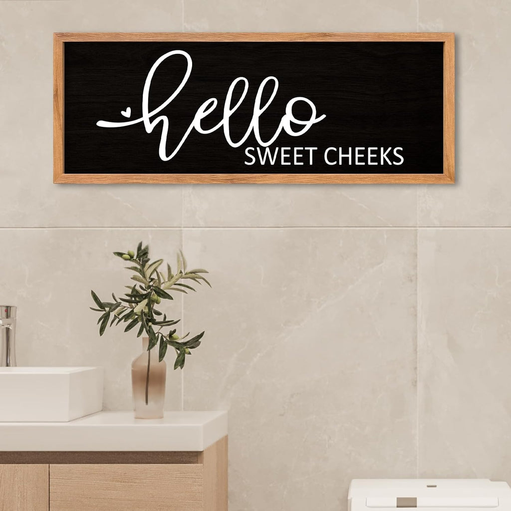 AuraPeak Hello Sweet Cheeks Bathroom Wall Decor, Wood Black, 40"×15"