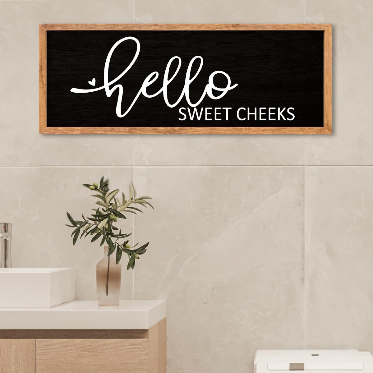 AuraPeak Hello Sweet Cheeks Bathroom Wall Decor, Wood Black, 40"×15"
