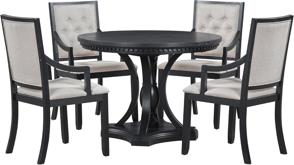 LUMISOL Extendable Round Dining Table Set for 4-6, 42"-58" Round to Oval Kitchen Table Set with 4 Upholstered Chairs for Kitchen, Dining Room, Small Space, Black Oak