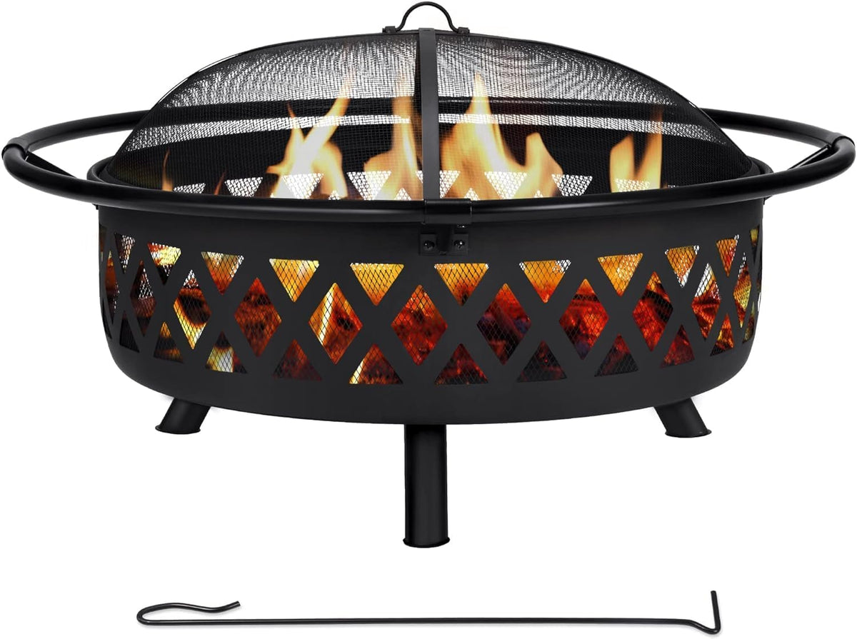 AK TRADING CO. Crossweave 30" Wood Burning Fire Pit with Spark Screen, Poker, Mesh Cover, Stainless Steel Grate - Black