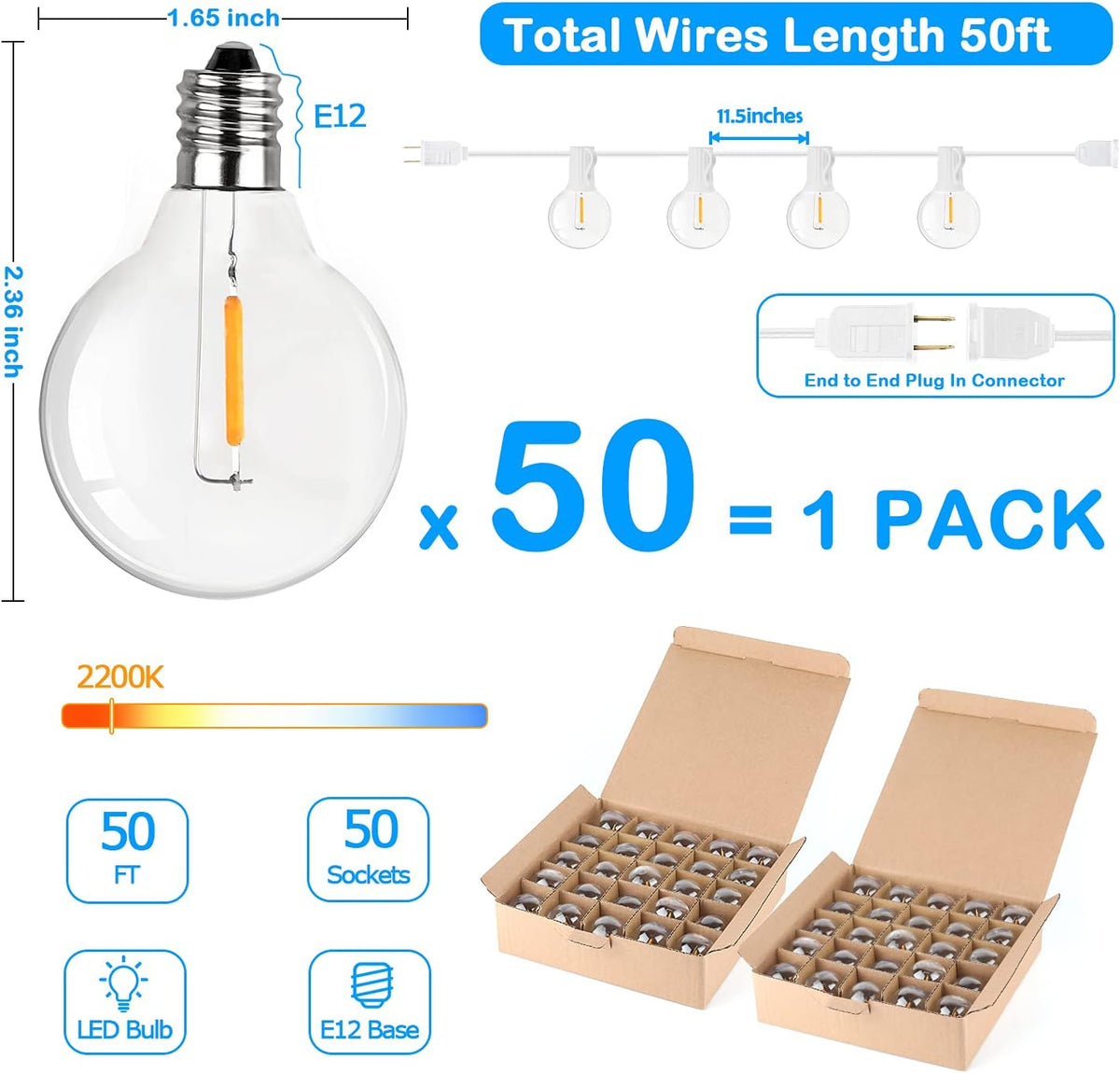 50FT LED G40 Globe String Lights White with 50+2 Dimmable Edison Bulbs