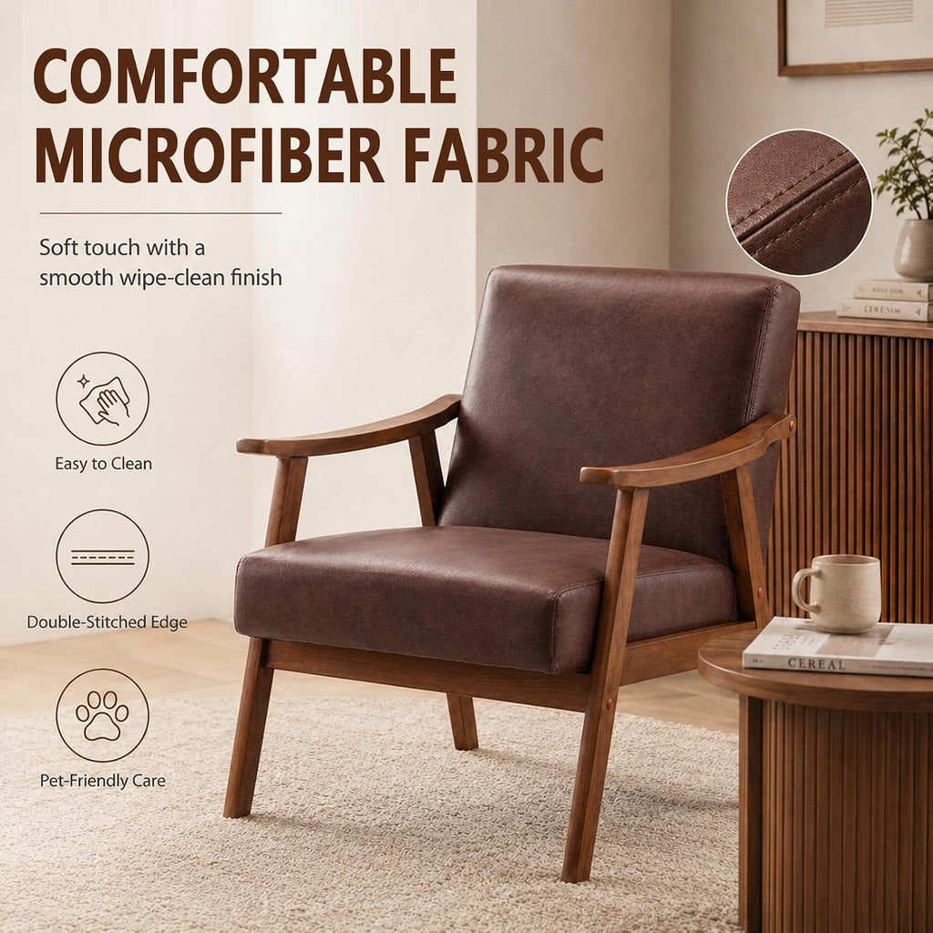 Anwick Mid-Century Modern Accent Chair,PU Leather Living Room Chair with Solid Wood Frame,Comfy Armchair Lounge Reading Chairs for Bedroom Office (Brown)