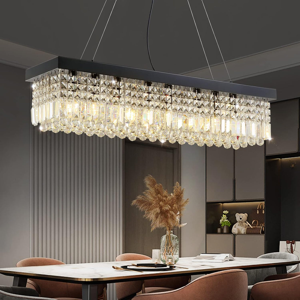 7PM Rectangle K9 Crystal Chandelier Modern Rectangular Pendant Lighting Fixture for Dining Room Kitchen Island Bedroom Black L40 x W10 x H10