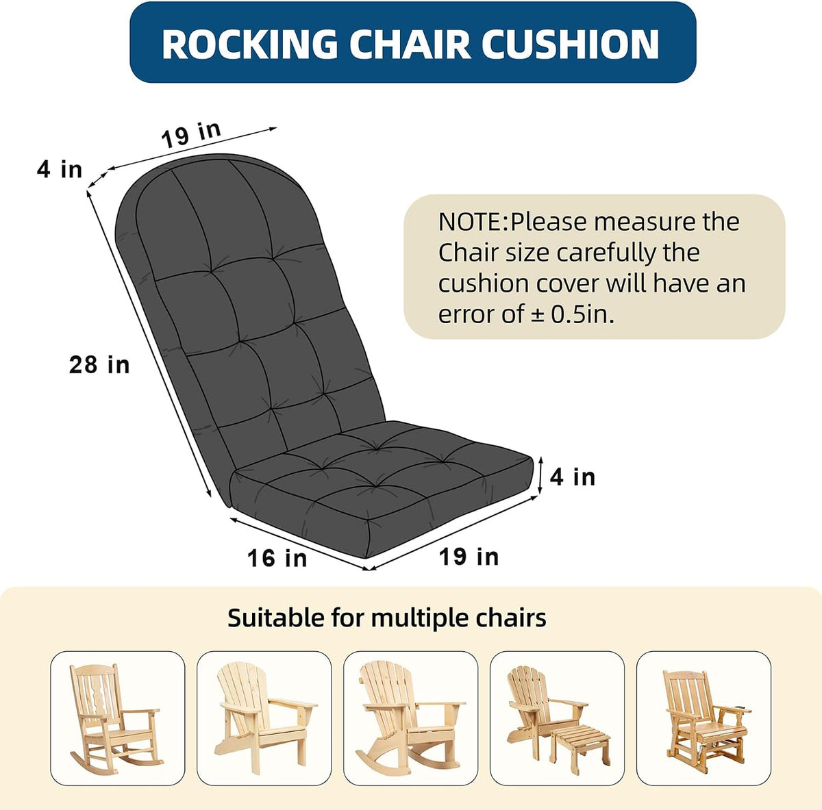 Adirondack Chair Cushion with Non-Slip & Waterproof, 44x19x4 Inch Thick High Back Rocking Chair Cushions Outdoor Indoor, One-Piece Patio Seat Cushion for Glider Porch Rocker Lawn Chair, Dark grey