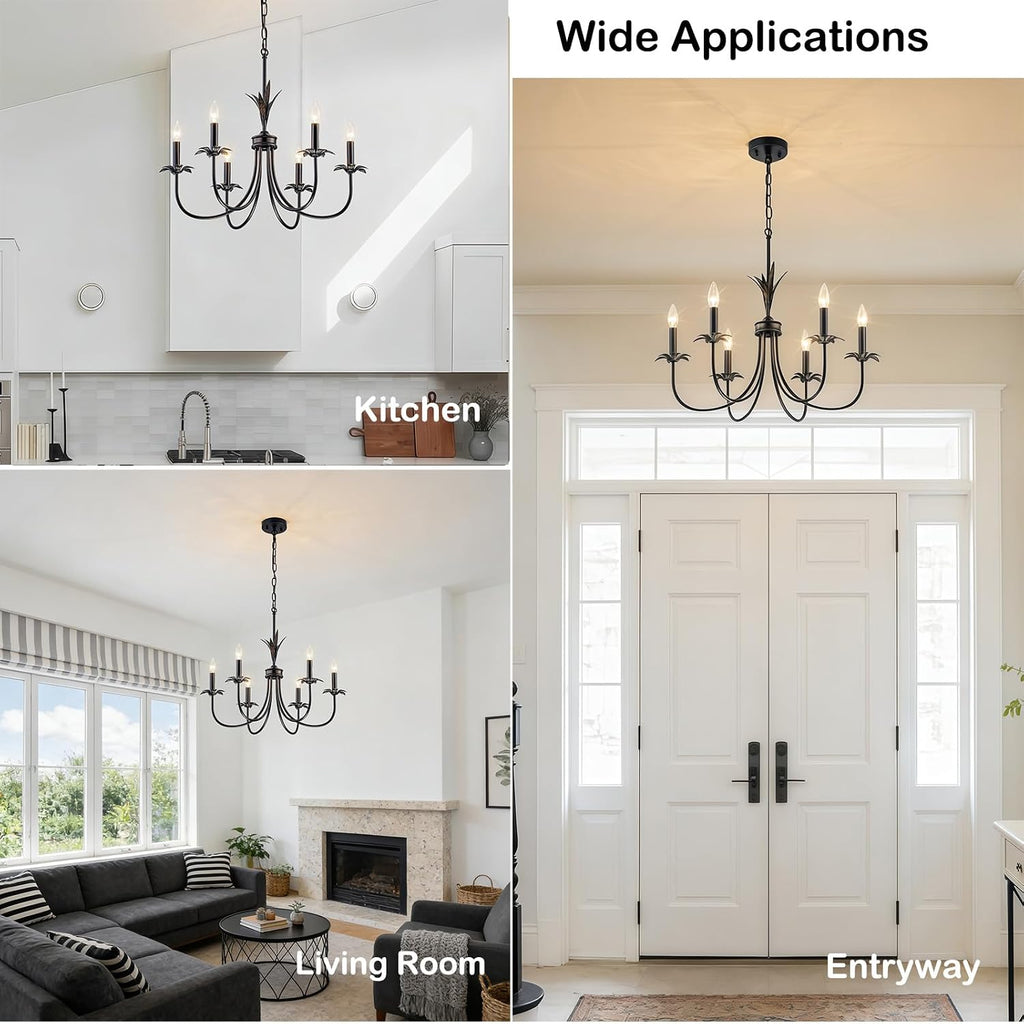 6-Light Flower Black Chandeliers for Dining Room, 26" Farmhouse Chandelier