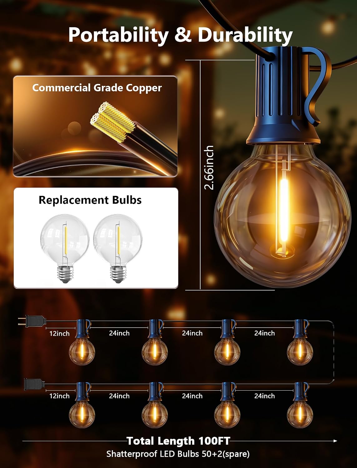 100FT Outdoor String Lights - Shatterproof G40 LED Bulbs, Waterproof Connectable Patio String Lights for Outside Backyard, Wedding & Bistro Party Decor, Warm White 2700K (50 Bulbs + 2 Spare)