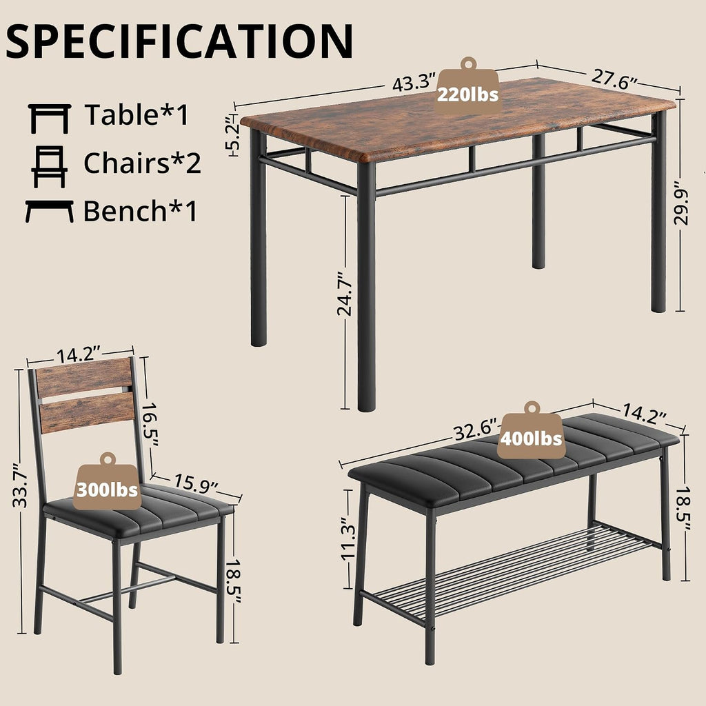 IRONCK Dining Table Set for 4, Kitchen Table and Chairs Set, Rustic Brown