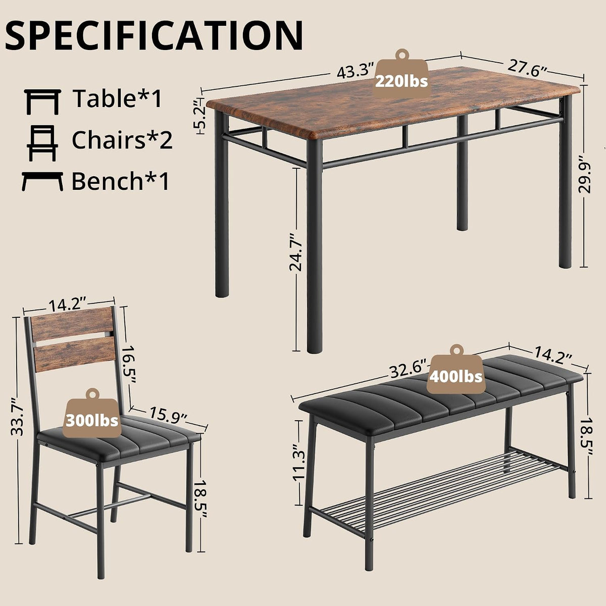 IRONCK Dining Table Set for 4, Kitchen Table and Chairs Set, Rustic Brown