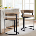 Set of 2 Brown Modern Velvet Bar Stools with Barrel Backrest, Upholstered Seat, and Black Metal Footrest – 25.6-Inch Seat Height, Ideal for Counters, Home Bars, and Kitchen Islands