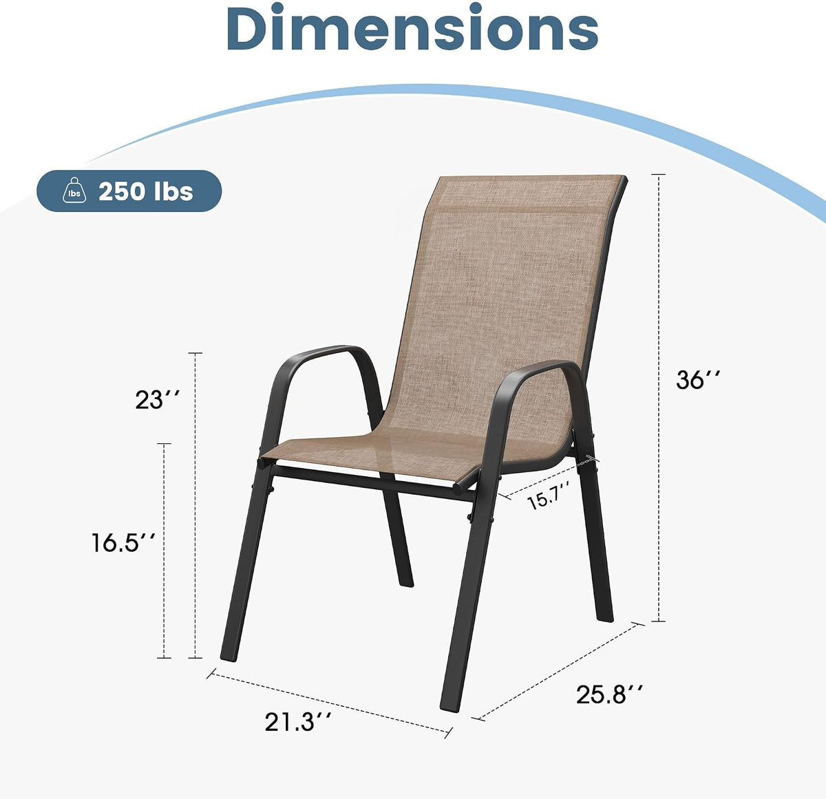 DIFY Patio Chairs Set of 6, Stackable Outdoor Dining Chairs Set with Breathable Textilene High Back and All-Weather Metal Frame for Garden, Backyard, Deck, Brwon