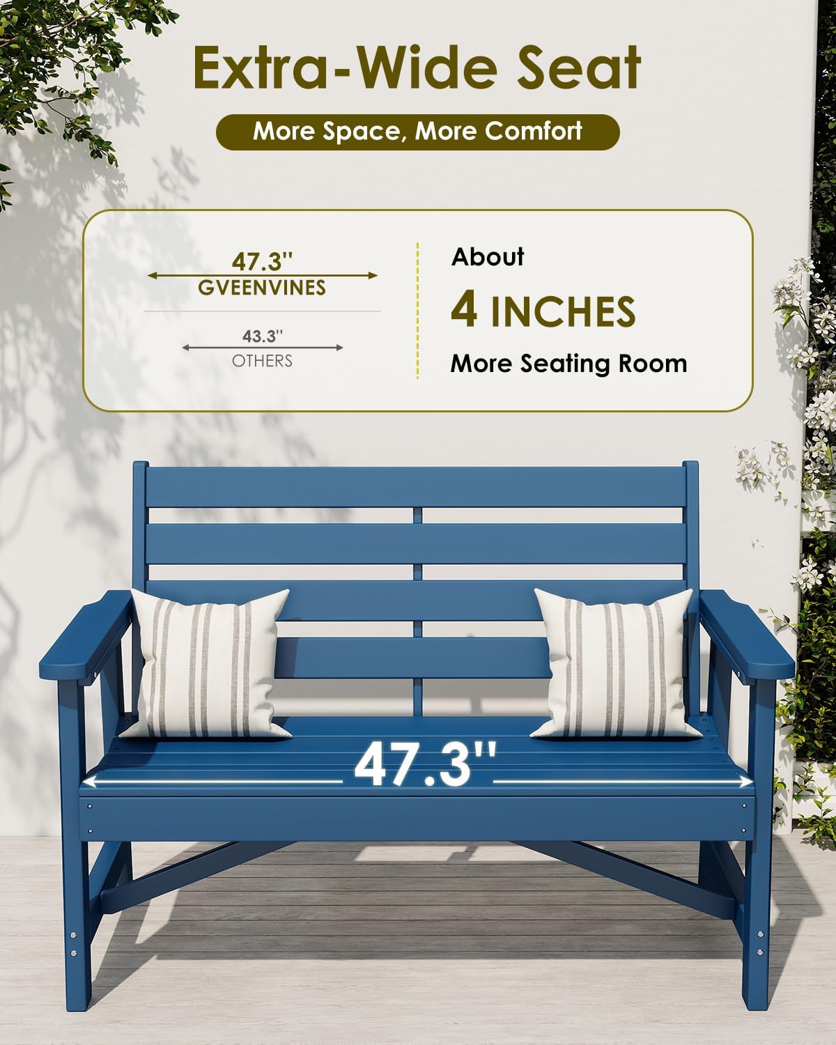 GREENVINES Outdoor Bench, 2-Person HDPE Garden Benches, Blue