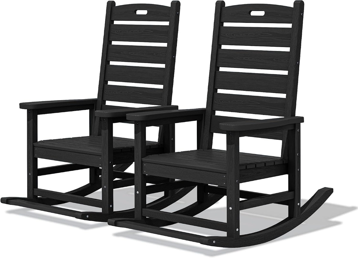SERWALL Outdoor Rocking Chair Set of 2, Oversized HDPE Rocker, Black
