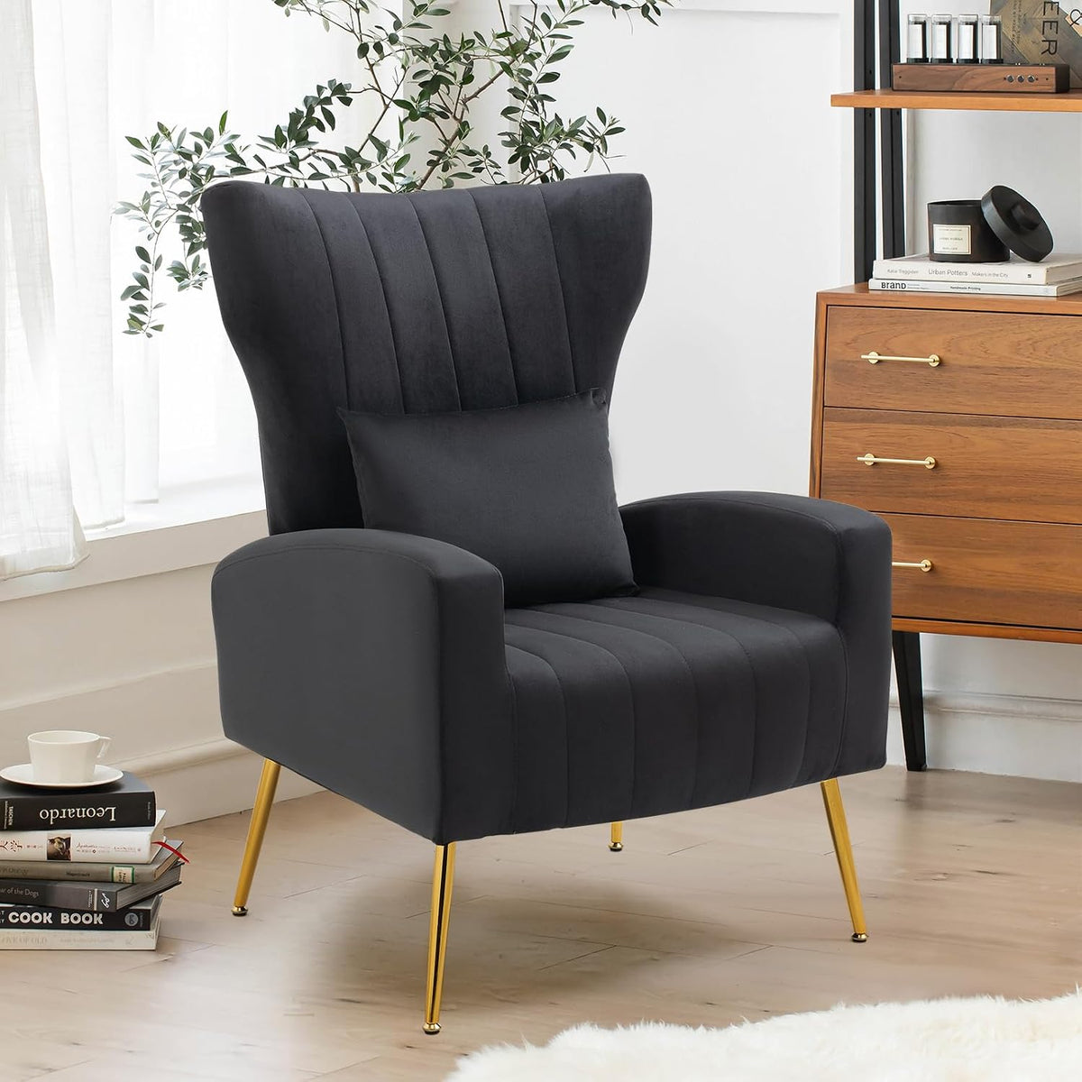 ZJhome Living Room Chairs Set of 2 Modern Velvet Accent Chairs with Lumbar Pillow, High Back Armchair Arm Chairs with Gold Metal Legs for Bedroom, Black