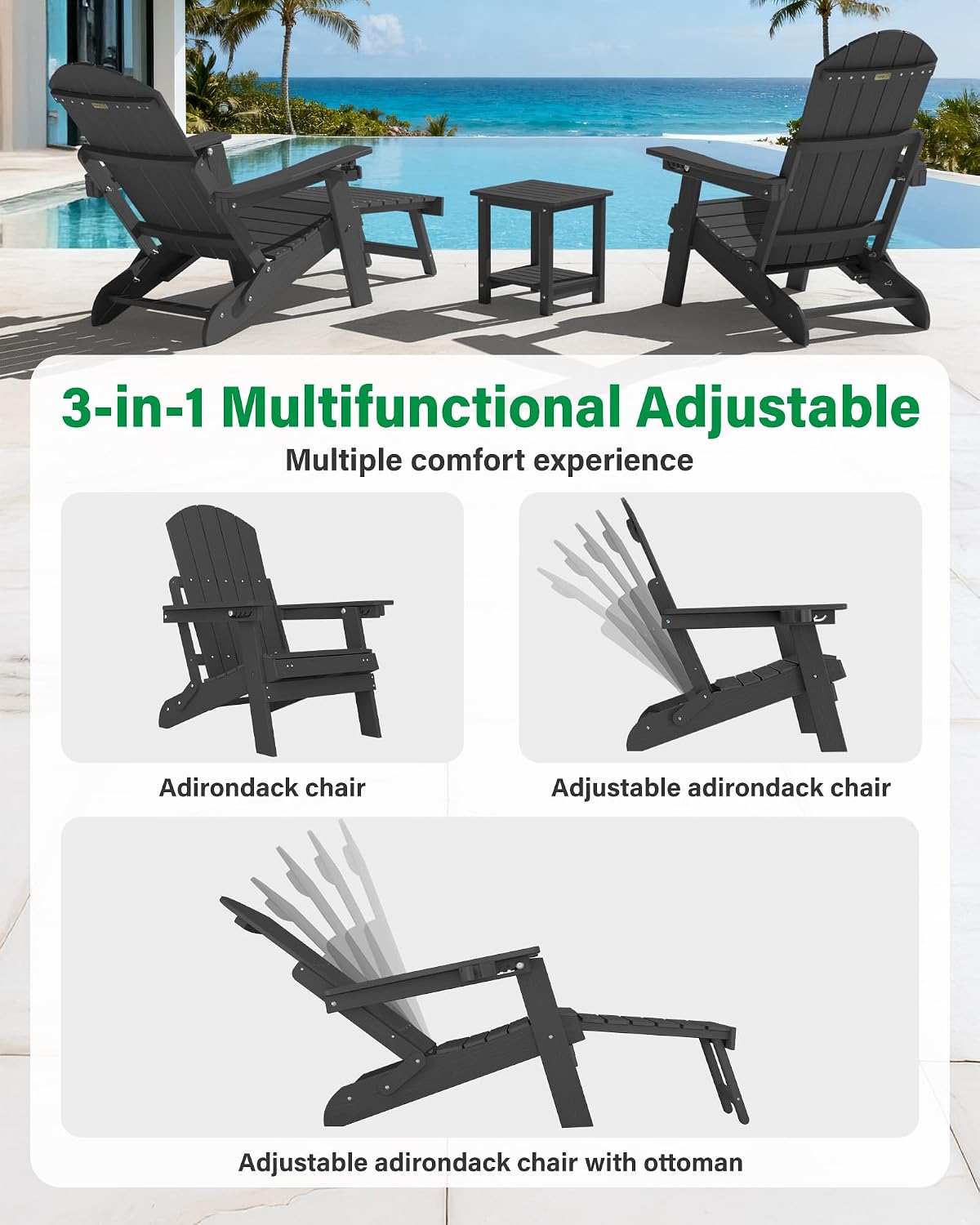 YEFU Adjustable Adirondack Chair with Footrest,All-Weather, Set of 2,Black