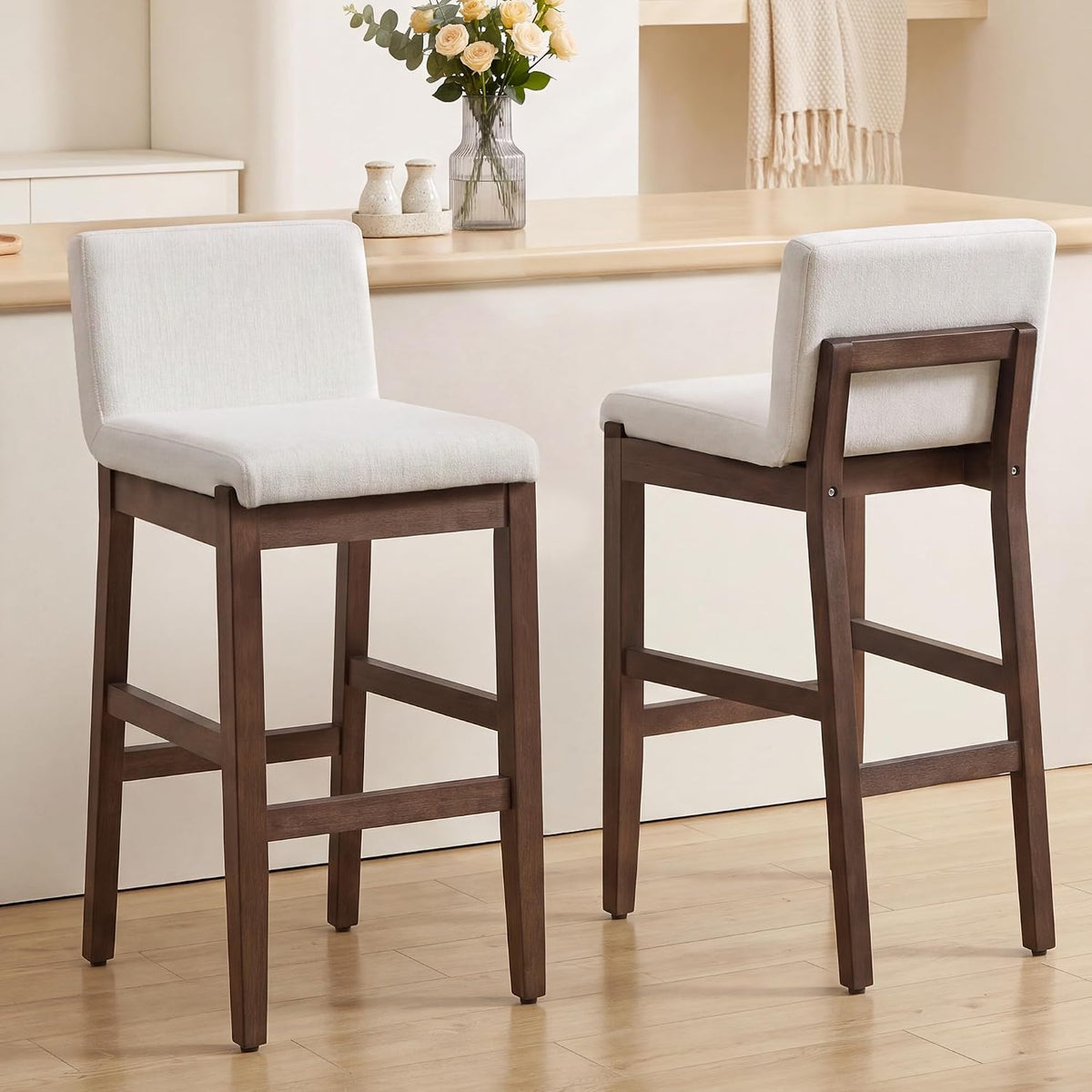 Bar Stools Set of 2, Counter Height Bar Stools with Backs, Comfortable Linen Upholstered Farmhouse Kitchen Island Stools, Barstools for Home Bar & Kitchen Counter, Beige