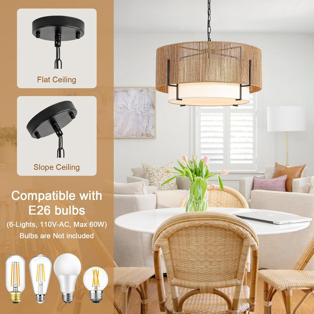 25.6" large rattan chandelier for dining room, 6-light, side view