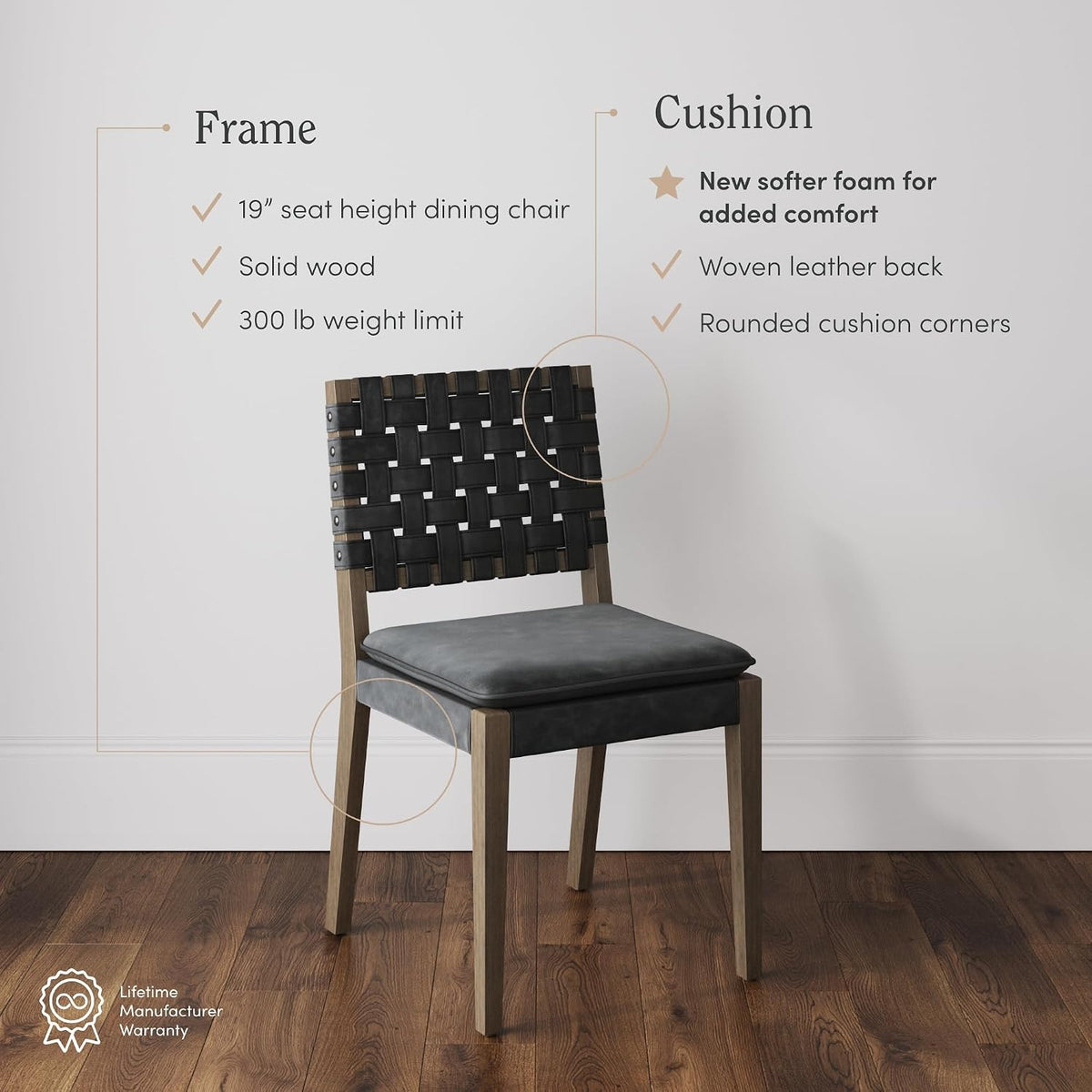 Nathan James Cohen 19 in. Wood Dining Chair, Mid-Century Modern Upholstered Side Chair with Hand Woven Faux Suede Backrest, Black