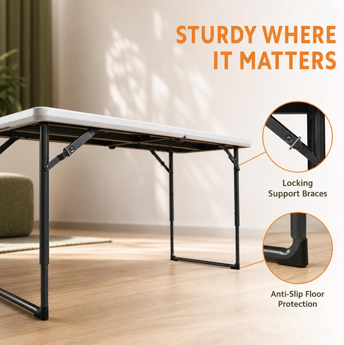 4FT Folding Table 3 Levels Adjustable Height, Heavy Duty Fold-in-Half Portable Table, 400 lbs Capacity Foldable Table for Party Dining Camping Events Picnic Outdoor Indoor Use