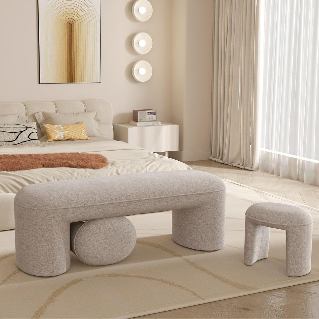 53" Chenille Ottoman Bench with 2 Nesting Ottomans, Oatmeal