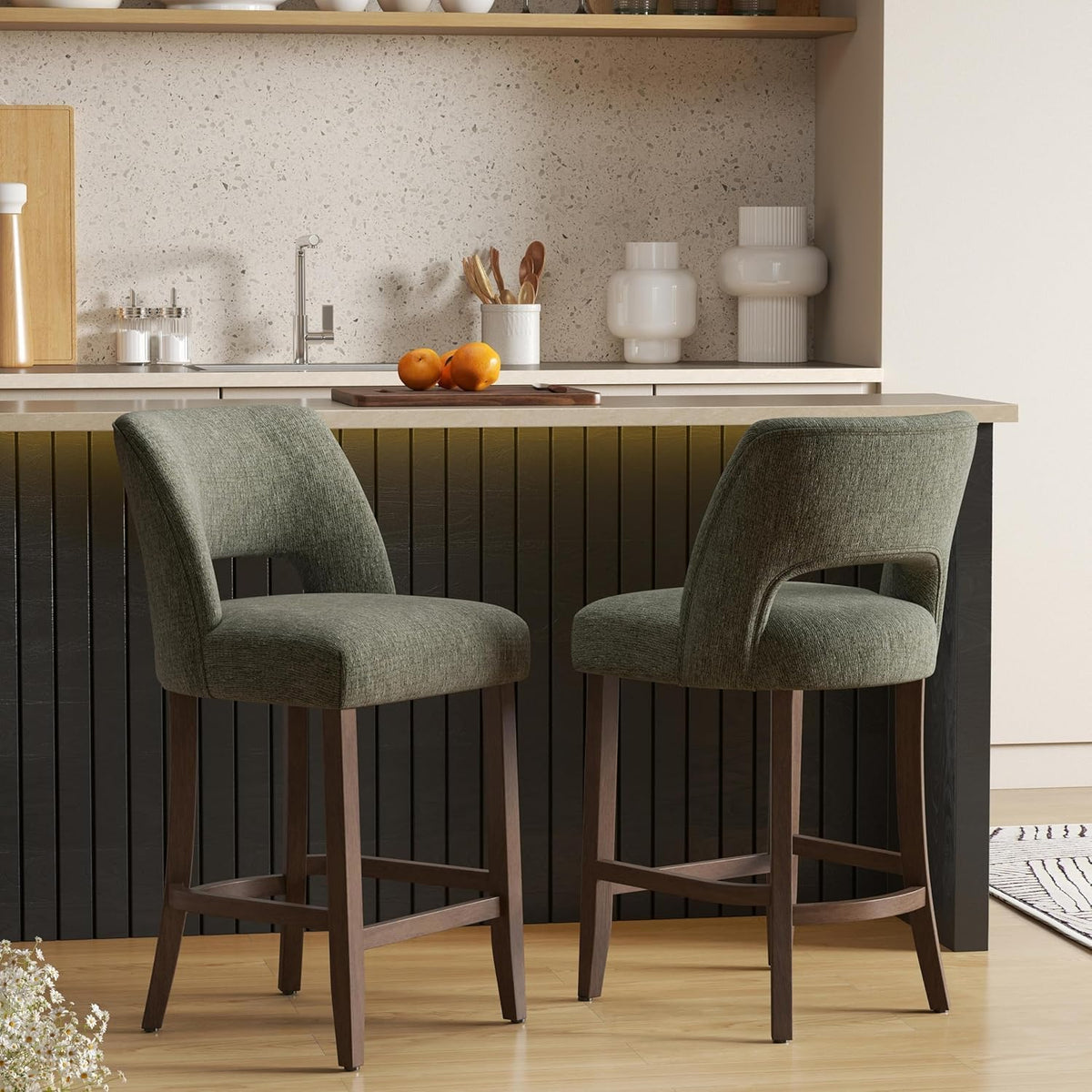 VKNOW Bar Stools Set of 2, 26" Fabric Counter Height Bar Stools, Green