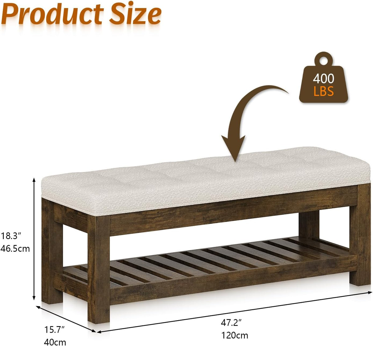 47.2" Upholstered Ottoman Bench with Wood Storage Shelf
