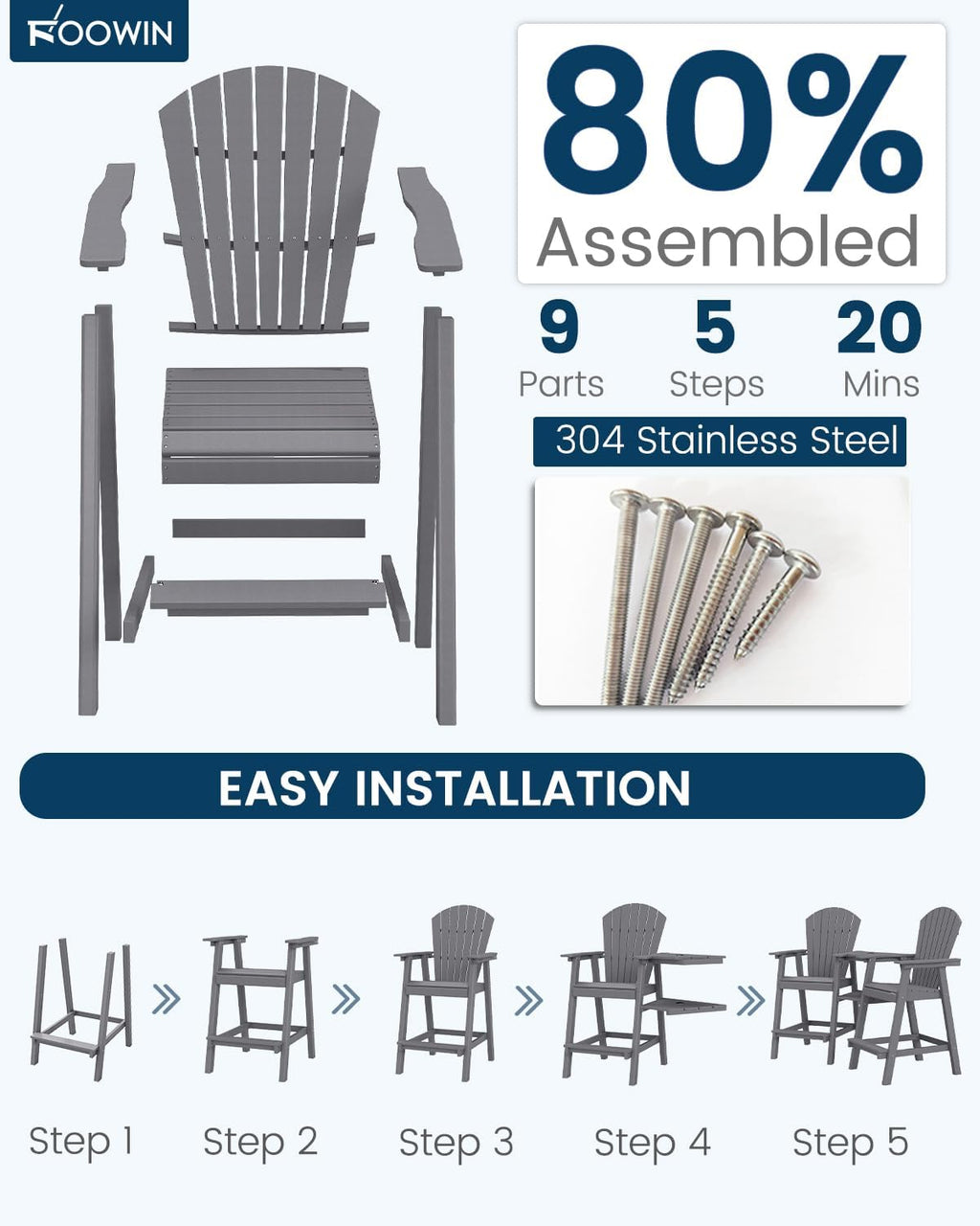 FOOWIN Tall Adirondack Chairs Set of 2 with Double Connecting Trays