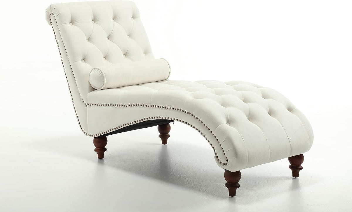 Button-Tufted Chaise Lounge Indoor, Velvet Chaise Lounge Chair with Legs & Toss Pillow, Armless Rolled Backrest Leisure Sofa Recliner for Living Room Bedroom (Begie)