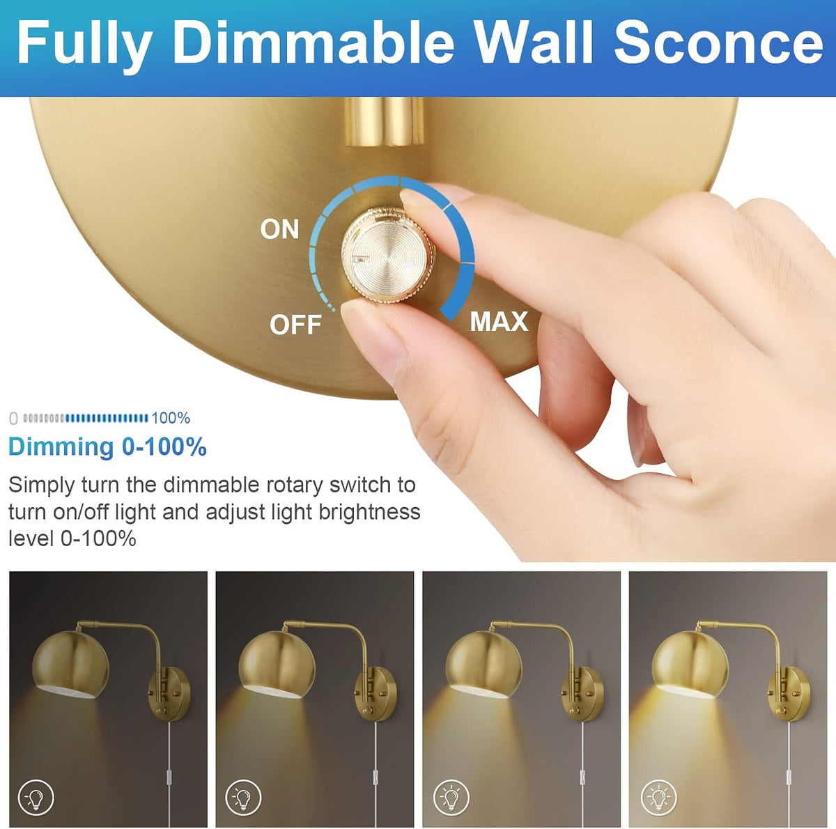 VATONI Wall Sconces Plug in, Dimmable Wall Sconce Swing Arm Wall Lights with Plug in Cord and Dimmer On/Off Knob Switch, Brushed Brass Globe Wall Light for Bedroom Bedside Hallway(2 Bulbs Included)