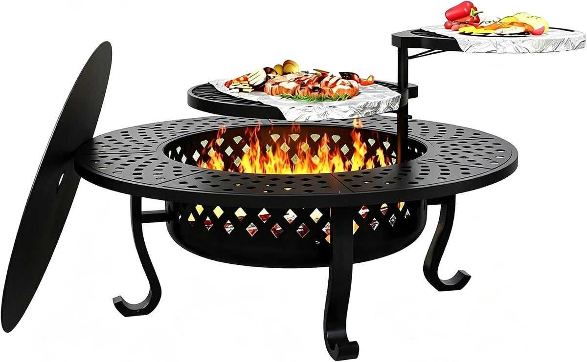 43 Inch Fire Pit with 2 Grill, Wood Burning Firepit with Lid