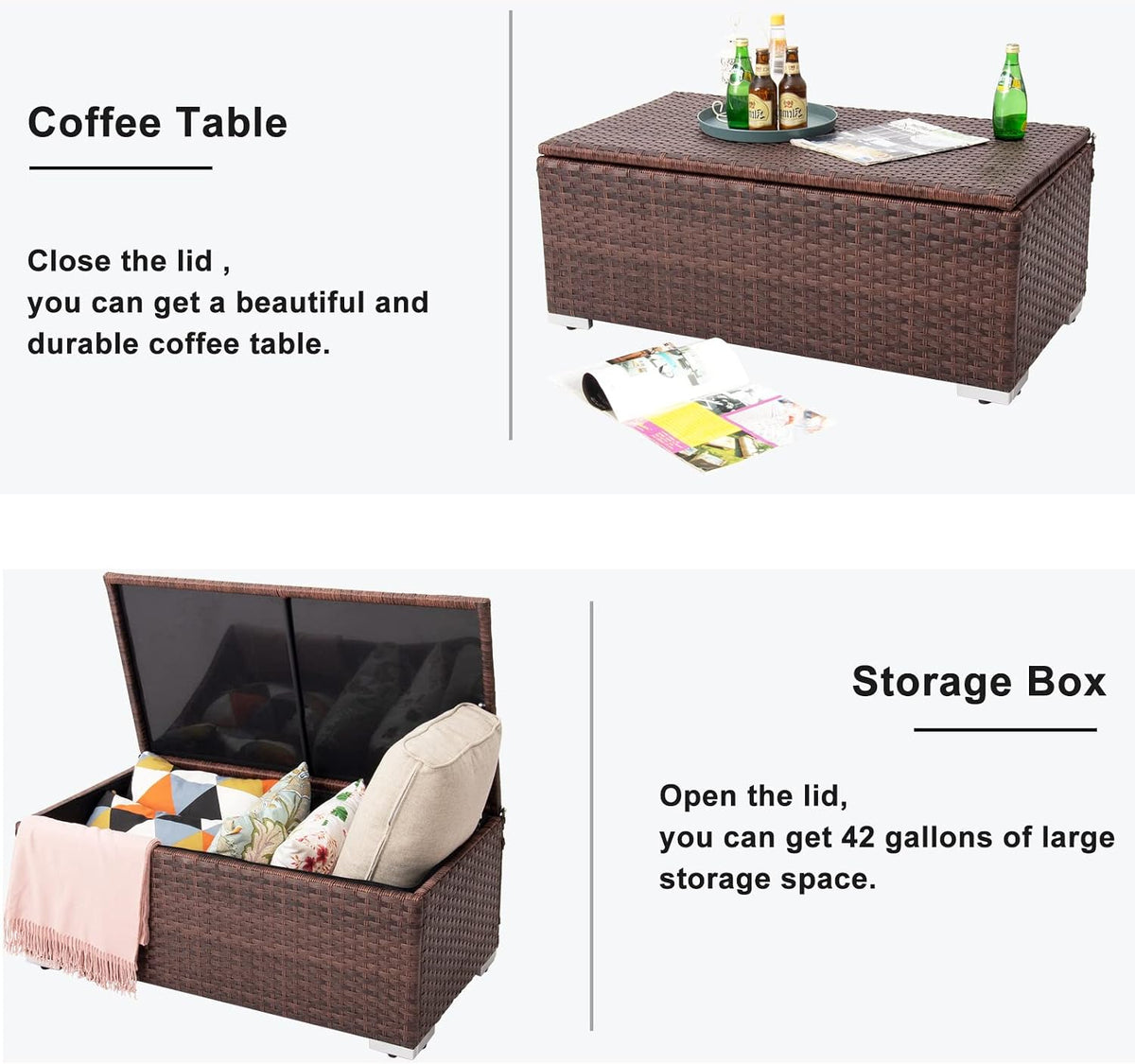 DIMAR GARDEN Outdoor Storage Coffee Table with Waterproof Cover,Patio Wicker Storage Table,42 Gallon Mixed Brown