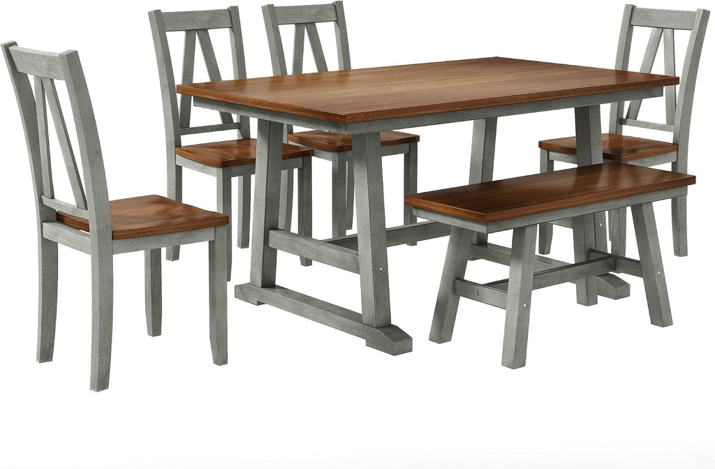 Harper & Bright Designs 6-Piece Dining Set, Farmhouse Style Wood Dining Table and 4 Dining Chairs & Long Bench, Kitchen Table Set, Walnut+Gray