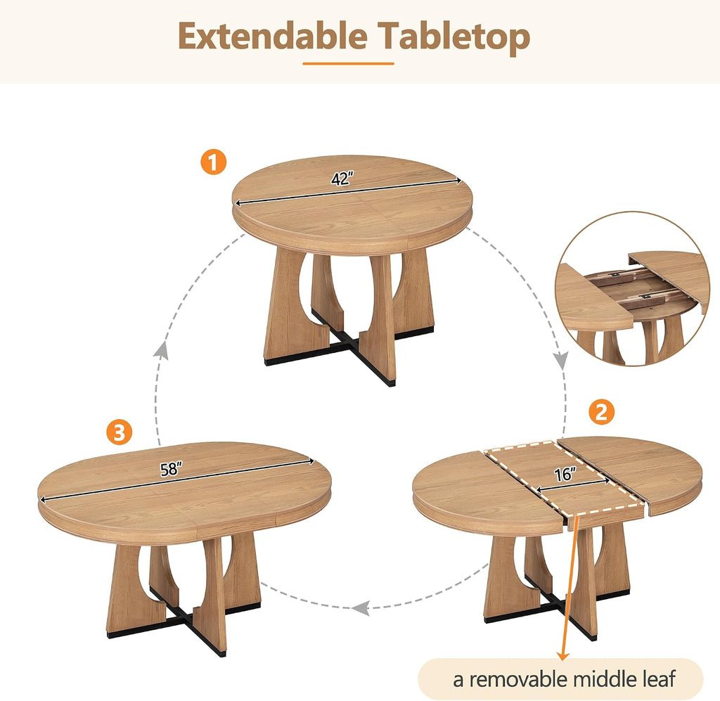 Knocbel Extendable Round Dining Table Set for 4-6, Round Dining Table with 4 Upholstered Chairs, Oval Table & Chair Sets with Unique Geometric Design for Living Room Kitchen, Natural