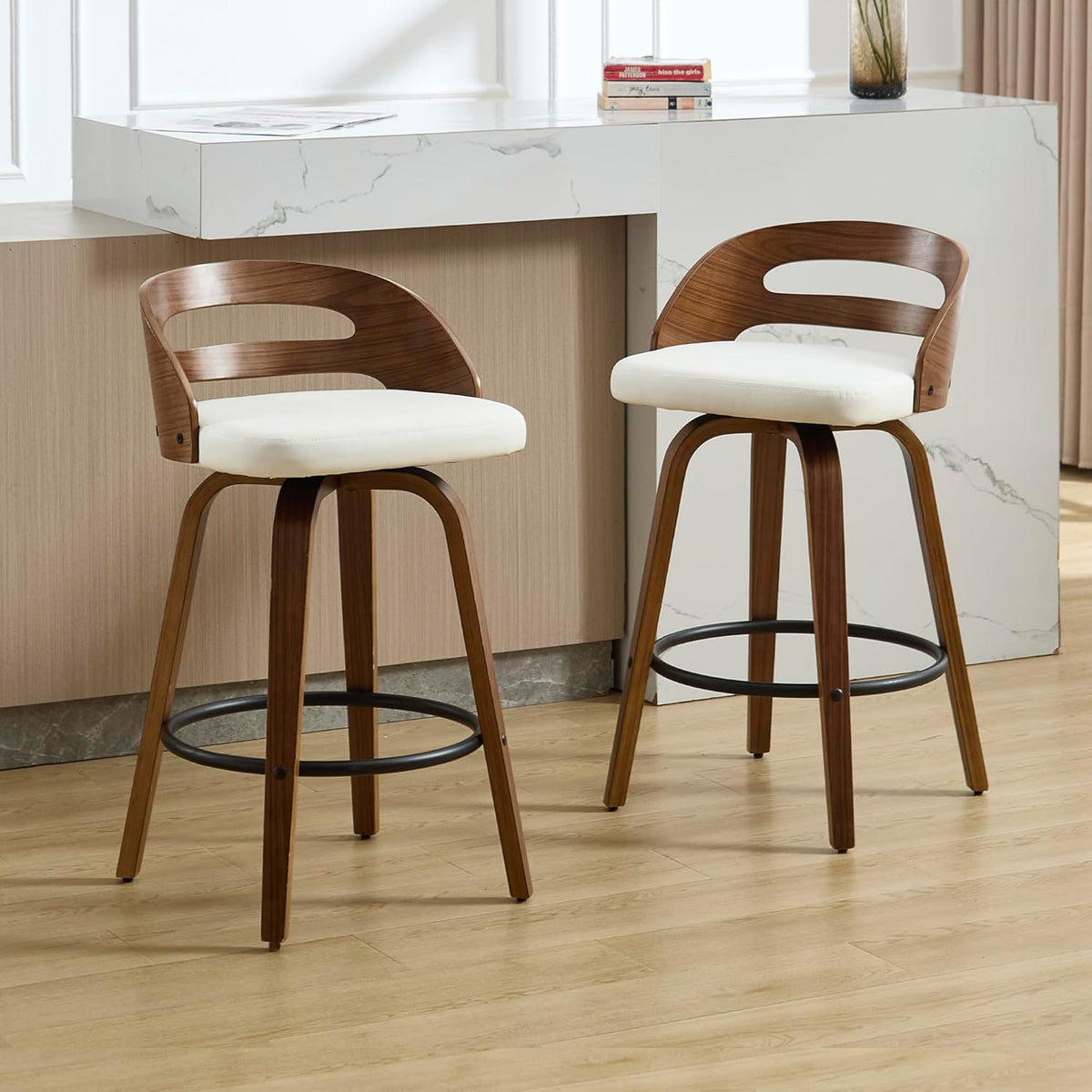26" Swivel PU Leather Counter Height Bar Stools Set of 2, Low Back, Cream
