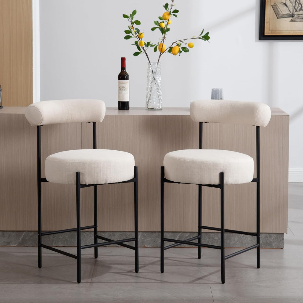 Shunzhi Beige Linen Counter Height Bar Stools Set of 4, Modern Boucle Barstools, Upholstered Counter Stools with Open Back/Metal Legs for Kitchen Island/Home Bar/Bistro,26''