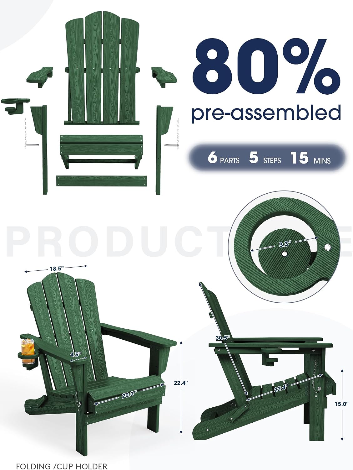 KINGYES Folding Adirondack Chair with Cup Holder, Green