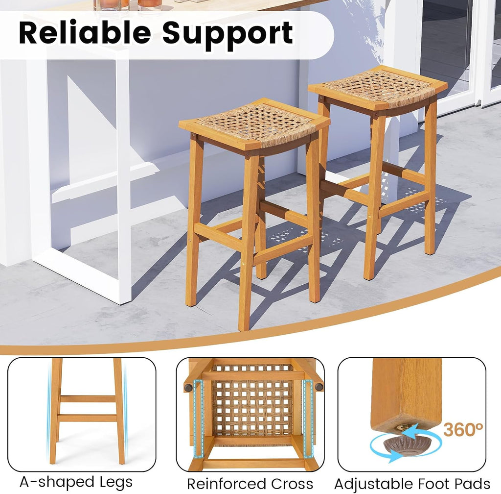 GIANTEX Outdoor Wooden Bar Stools Set of 2, 29" Backless Patio Barstools with PE Rattan Saddle Seat & Footrest, Solid Acacia Wood Bar Height Stools for Porch, Garden, Backyard, Poolside, Armless