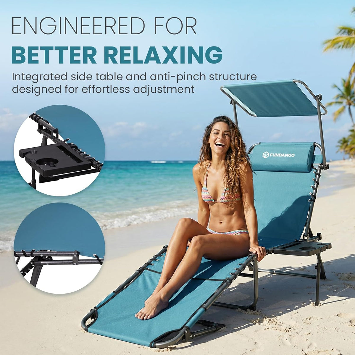 FUNDANGO 400lbs Heavy Duty Tanning Chair with Face Hole & Canopy, Cyan