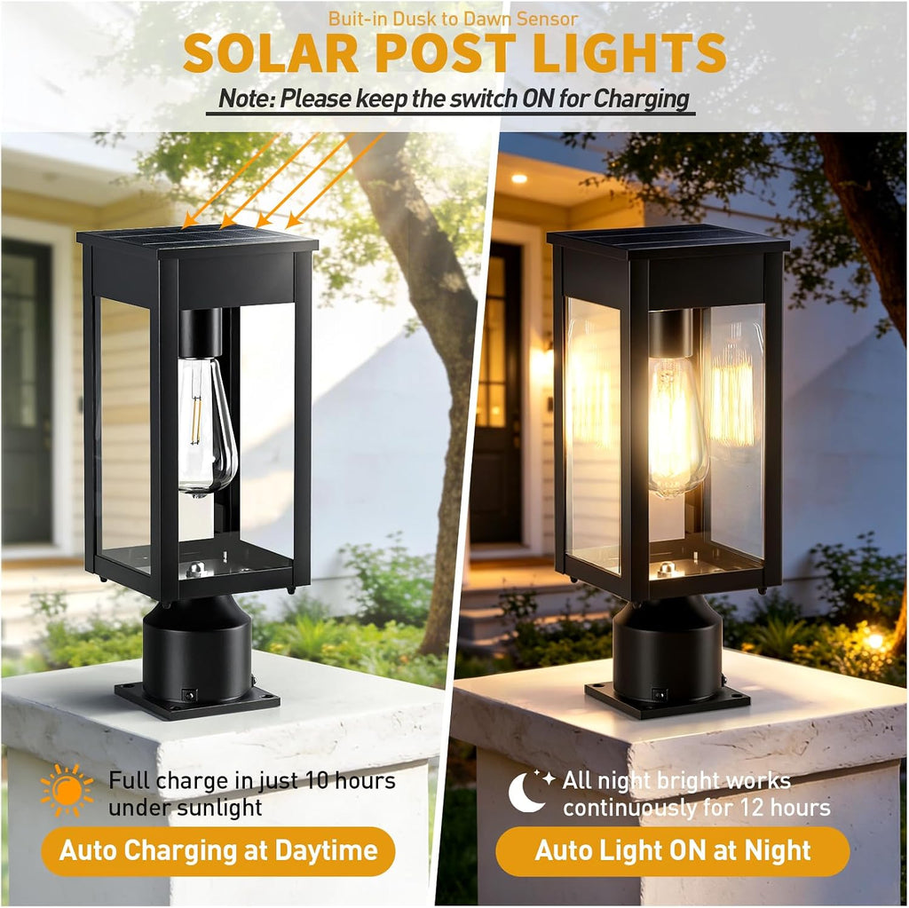 15.5'' Outdoor Solar Post Light, Dusk to Dawn Solar Lamp Post, Black