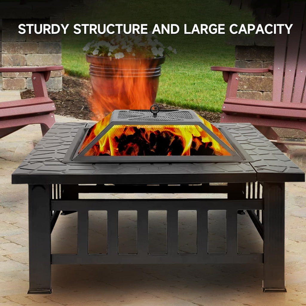 32-Inch Square Fire Pit, Wood Burning Fireplace/Firepit for Outside