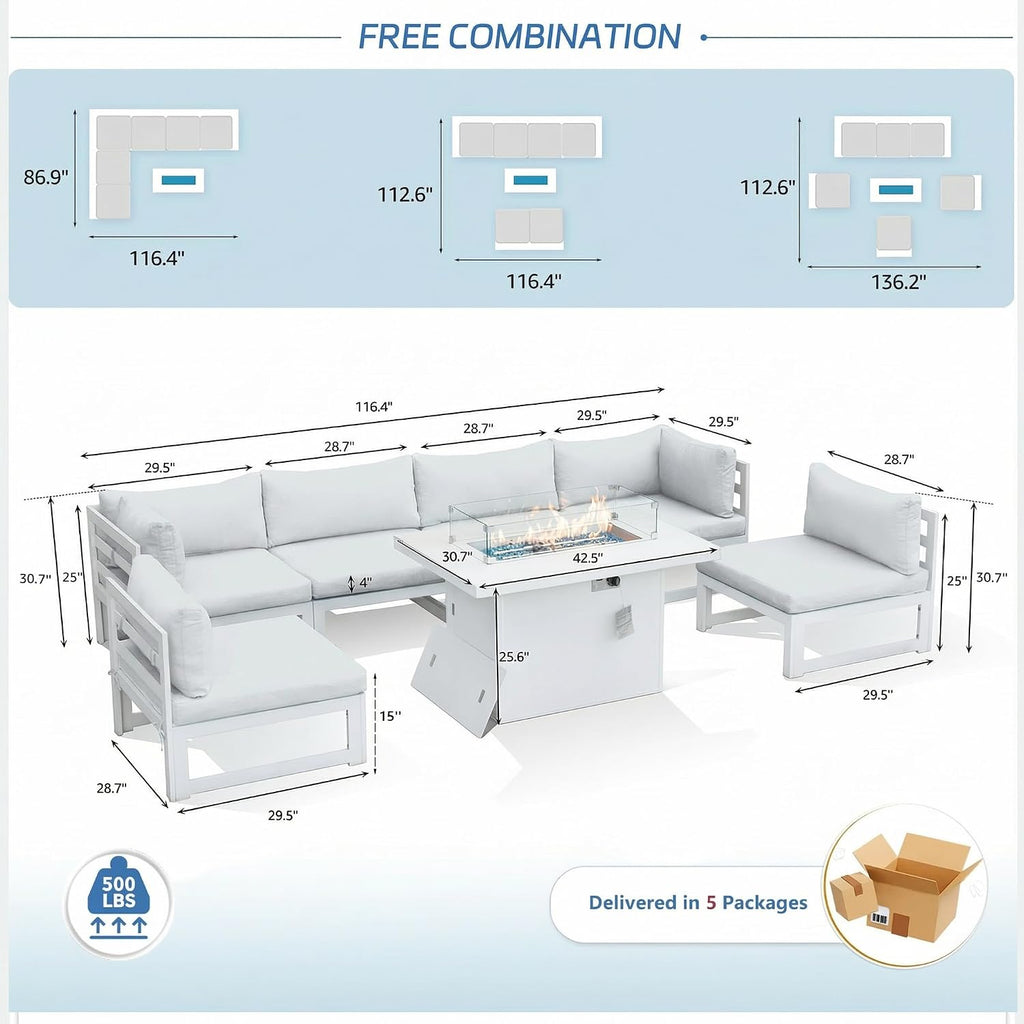 NICESOUL 7 Piece White Powder-Coated Aluminum Patio Furniture with Fire Pit Table, 29 Inch Extra Wide Outdoor Sectional Sofa for 6, High-End Heavy Duty L-Shaped Large Couch for Backyard, Light Gray