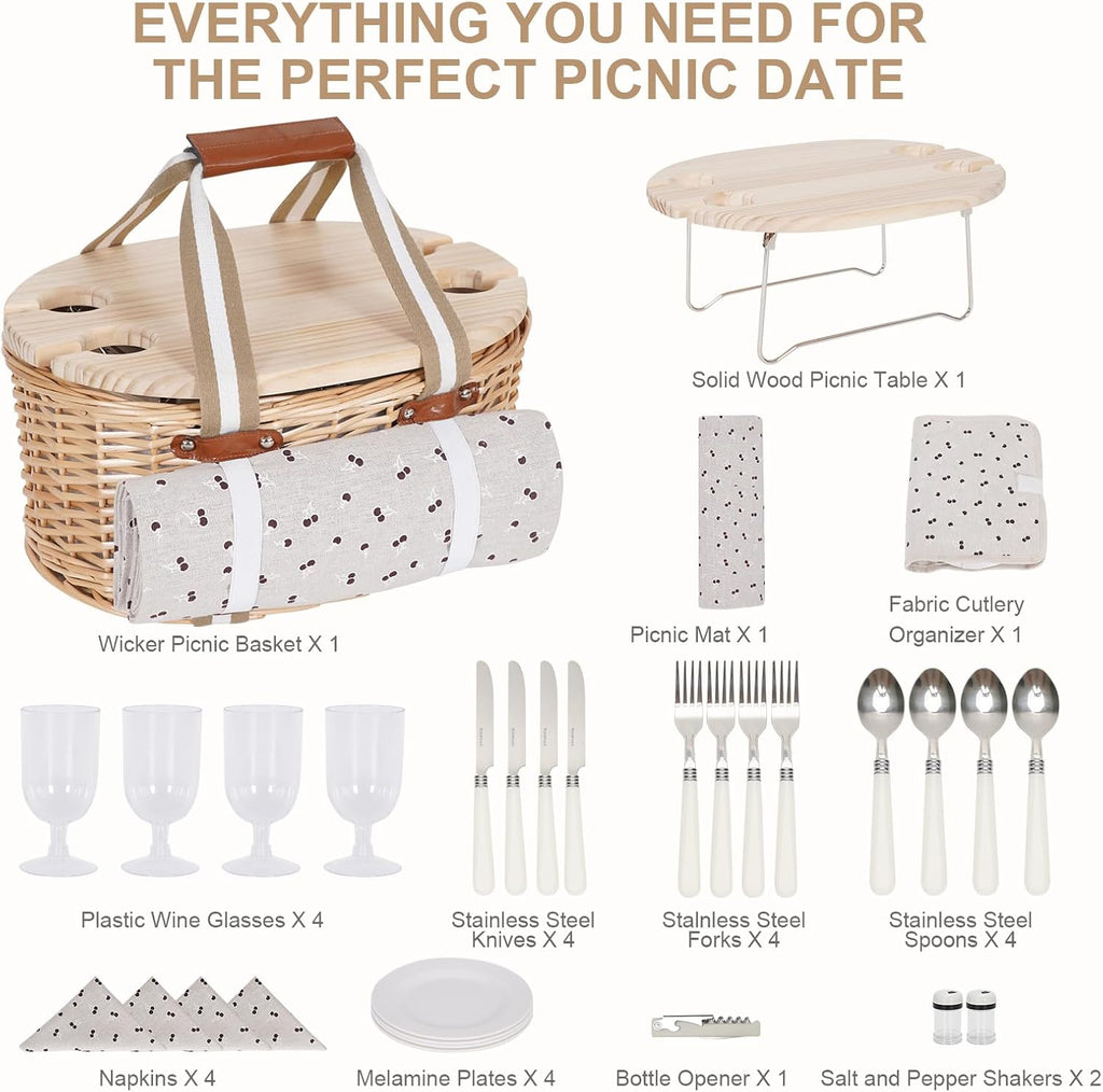 Picnic Basket Set for 4 - Wicker Insulated Picnic Basket