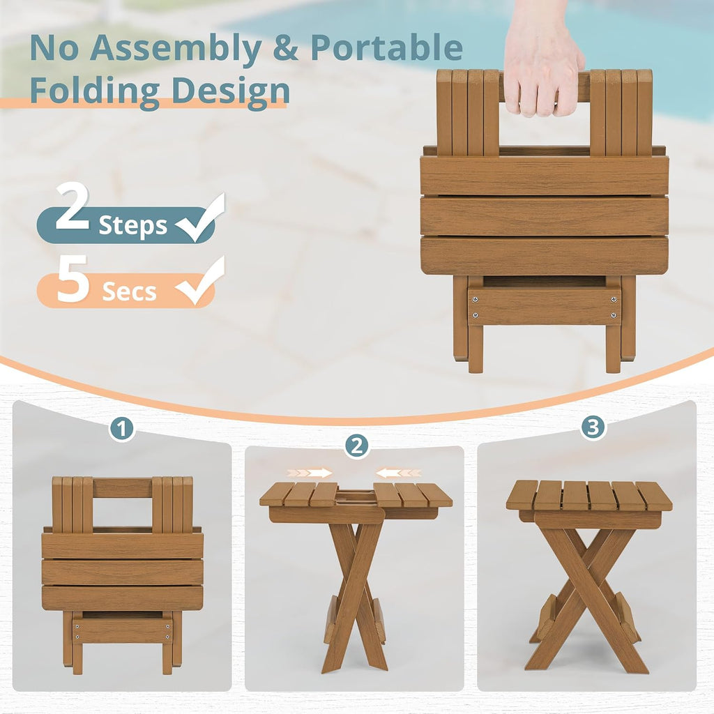 LUE BONA Small Outdoor Folding Side Table, 14 Inch, Teak Color Oil Printed