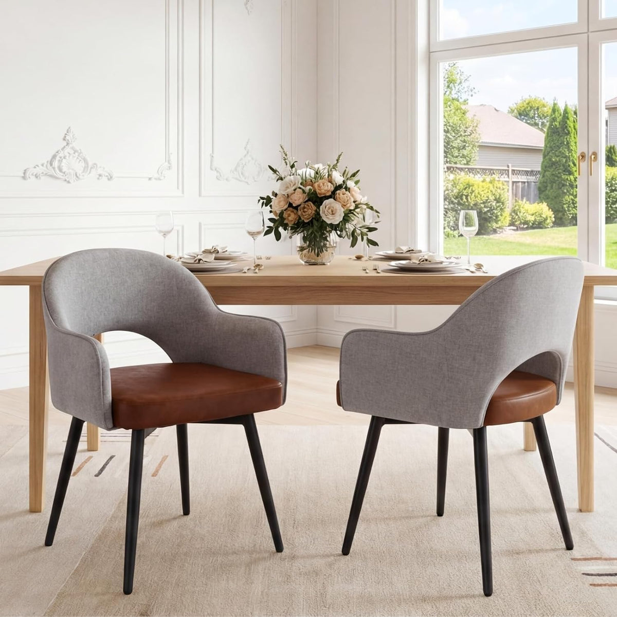 DUOMAY Modern Swivel Dining Chairs Set of 6, Linen & Faux Leather Upholstered Accent Side Chair with Metal Legs for Kitchen Dining Room Living Room, Light Gray & Brown