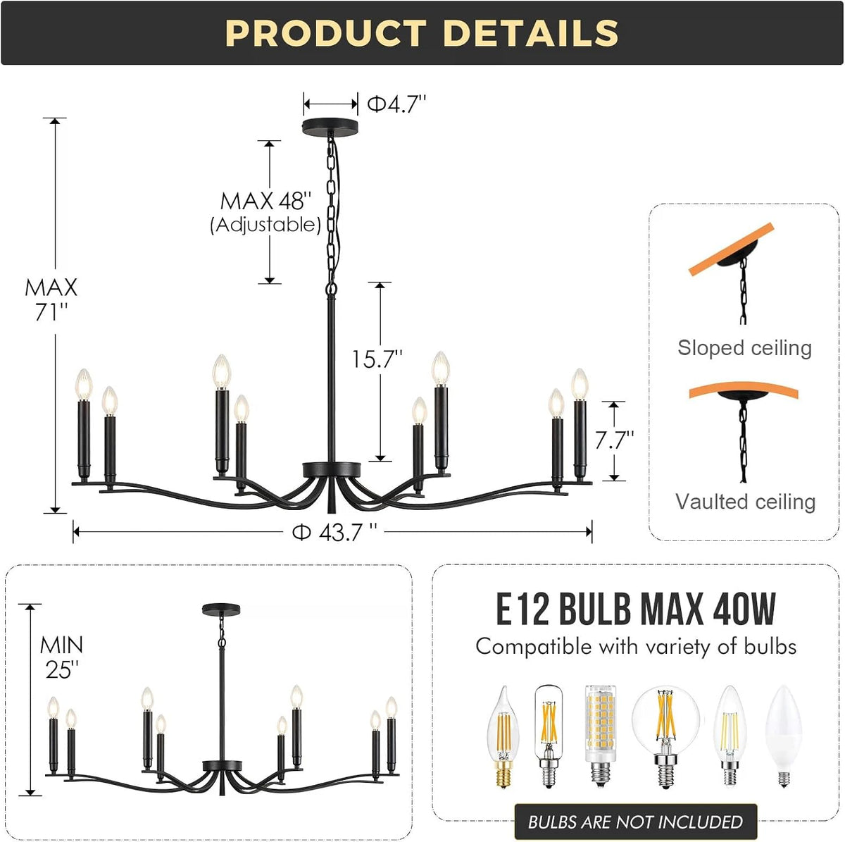 Black Chandelier, Modern Dining Room Light Fixture 8 Light Candle Chandelier Over Table 44in Metal Chandeliers Lighting for Living Room Entry Master Bedroom Bathtub Kitchen
