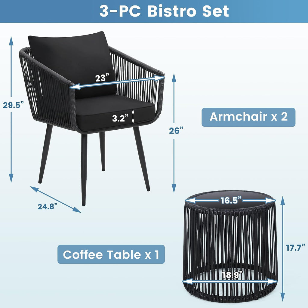 kromax 3-piece patio rattan bistro conversation set, black showing dimensions