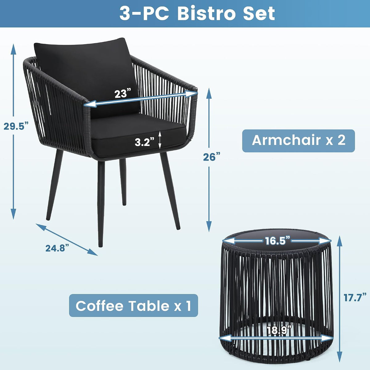 kromax 3-piece patio rattan bistro conversation set, black showing dimensions