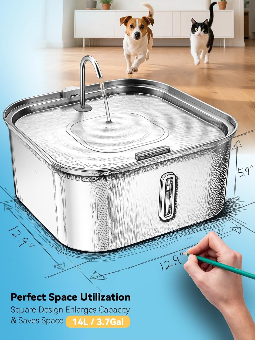 Large Dog Water Fountain 14L/3.7Gal, Stainless Steel Pet Fountain for Large Dogs and Multi-Pets Families, Visible Window & Extra Wide Drinking Area, Enlarges Capacity & Saves Space (with 7pcs Filters)