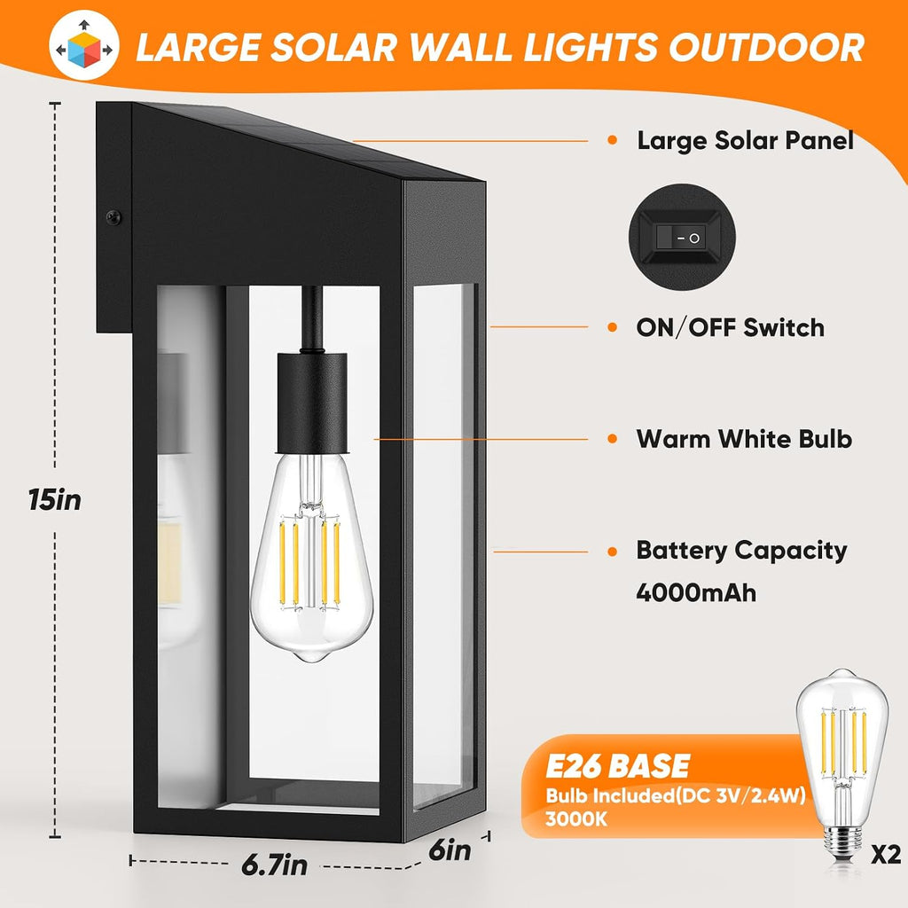 15” Large Solar Sconce Lights Outdoor Included E26 Bulbs 2 Pack