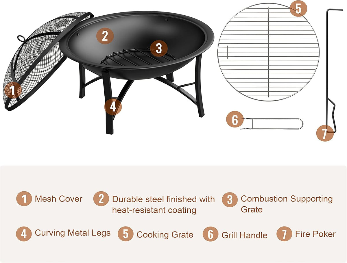 Fire Beauty Wood Burning Fire Pit, 2-in-1 BBQ Grill for Backyard Camping